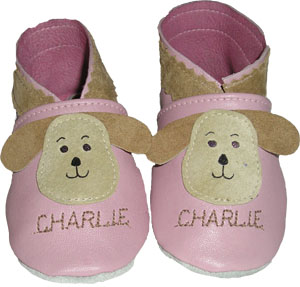 All Leather Embroidered Pink Puppy Crib Shoe