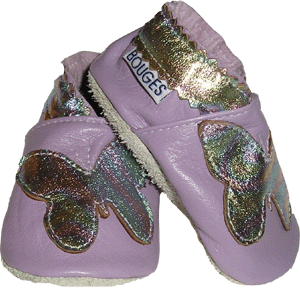 All leather Light Lilac crib shoe with colorful foil leather butterfly and foil trim.